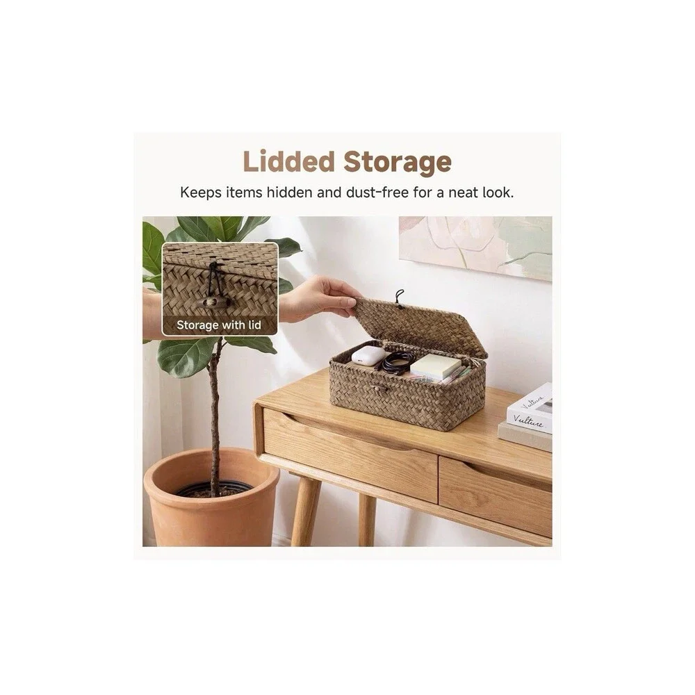 Extra Small Brown Wicker Storage Basket with Lid 9x5 Woven Shelf Organizer New